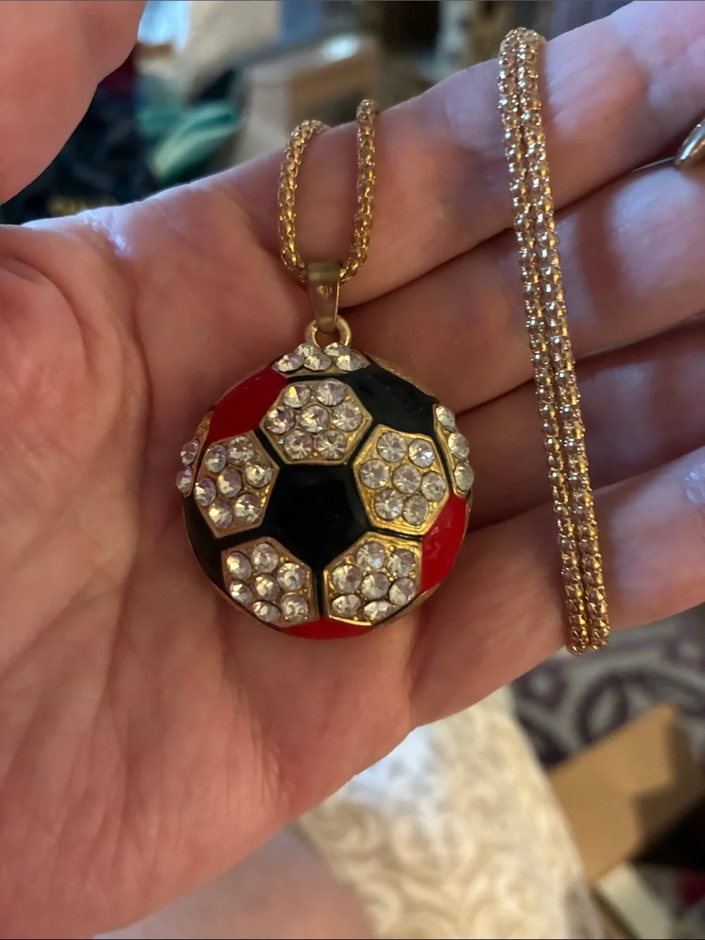 Gold-Tone Red & Black Crystal Soccer Pendant Necklace